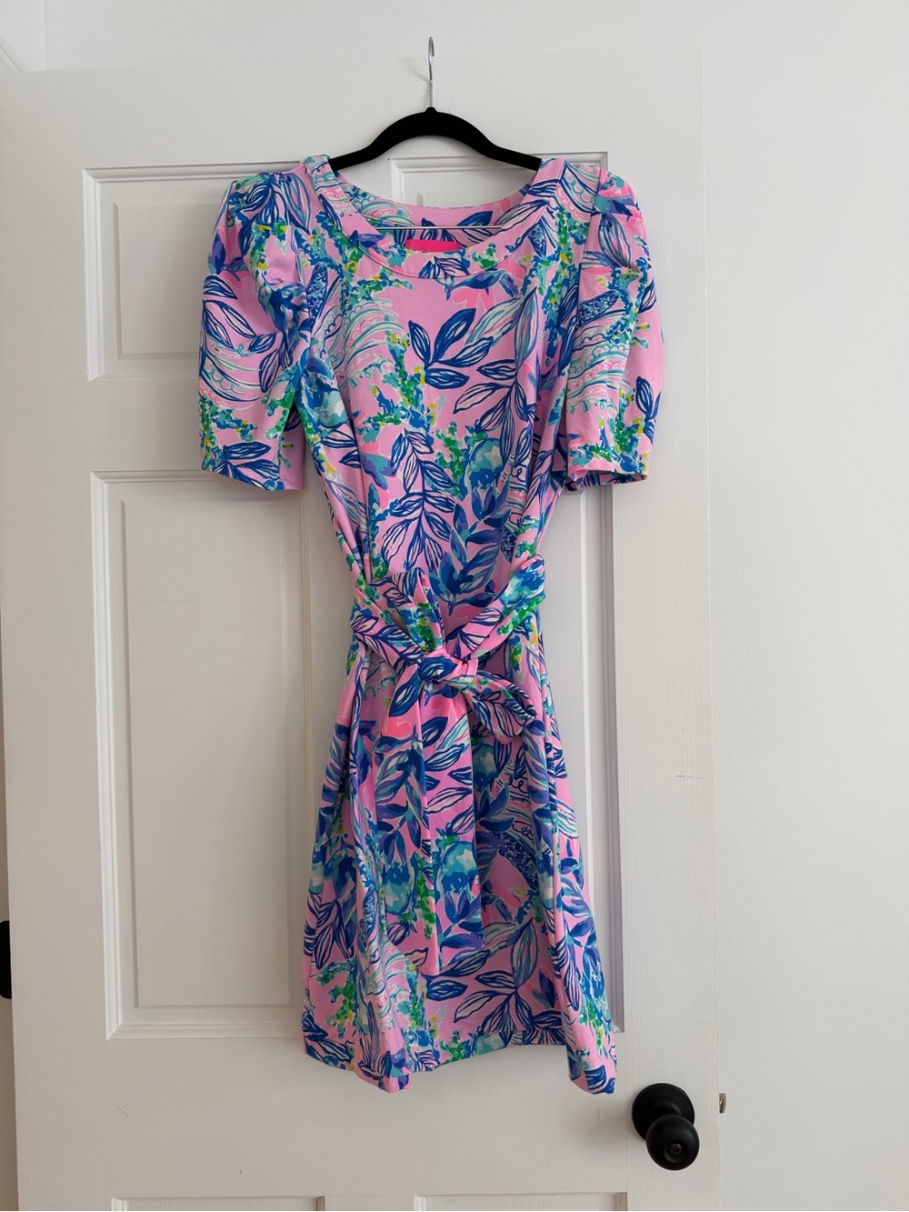 Lilly Pulitzer Pink Floral Tie-Waist Dress with Blue & Green Leaves